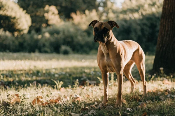 Fawn boxer dog standing alert in a sunlit autumn park with warm golden-hour lighting