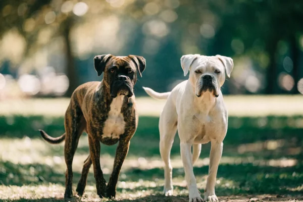 Brindle and white boxers side by side outdoors, showing the breed's coat color genetics