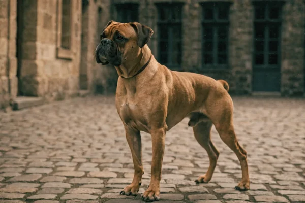 Fawn boxer dog standing in a European cobblestone courtyard with old stone architecture in the background