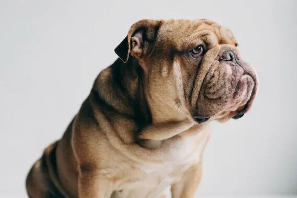 Fawn English Bulldog in three-quarter profile showing its compressed brachycephalic muzzle and facial folds