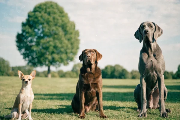 Three dogs of very different sizes illustrating breed size differences — Chihuahua, Labrador, and Great Dane
