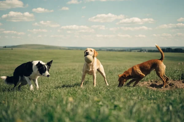 Three different dog breeds showing distinct breed-specific working behaviors in a field