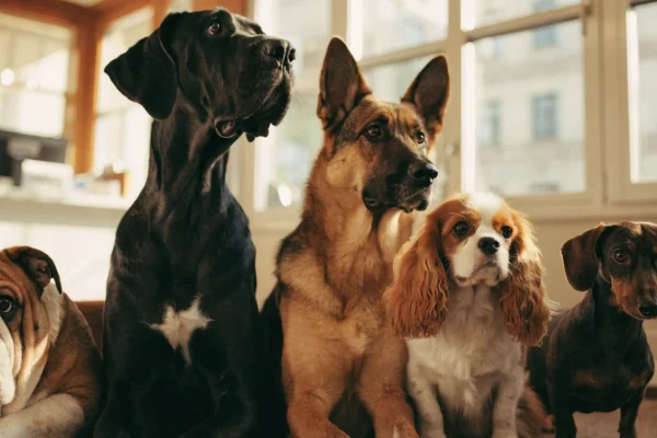 Five different dog breeds sitting together in a veterinary clinic waiting room