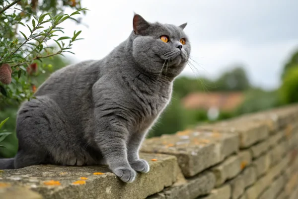 Blue British Shorthair cat with round face and amber eyes sitting on a stone garden wall