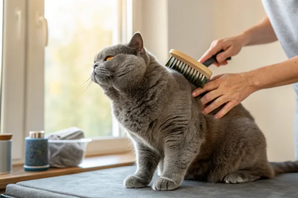 Blue British Shorthair cat being groomed with a rubber curry comb in soft natural window light