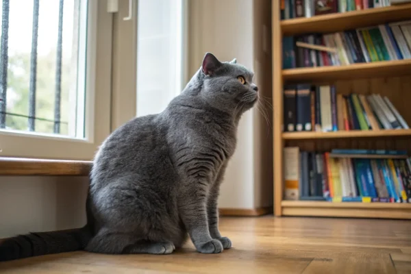 Blue British Shorthair cat sitting calmly indoors with an attentive, self-possessed expression