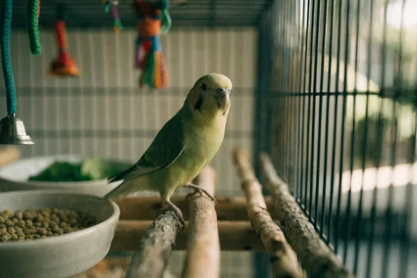 Well-equipped budgie cage with natural perches, foraging toys, and food bowls filled with pellets and greens