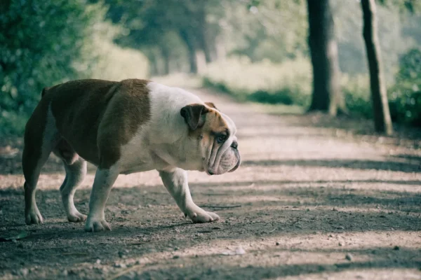 English Bulldog walking along a shaded park path in early morning