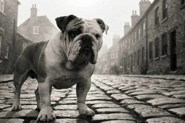 English bulldog standing on cobblestones in a misty English village setting with historic architecture