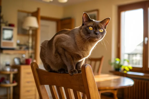 Sable Burmese cat with golden eyes sitting alertly on a wooden chair