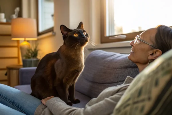 Sable Burmese cat with glossy dark-brown coat perched beside a person on a couch looking up attentively