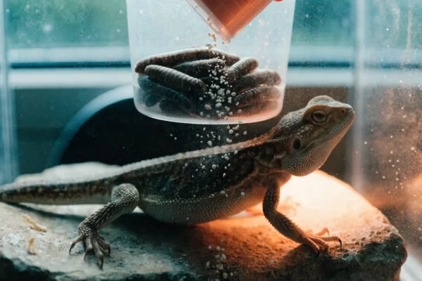 Juvenile bearded dragon on a rock beside feeder insects being dusted with calcium powder inside a terrarium