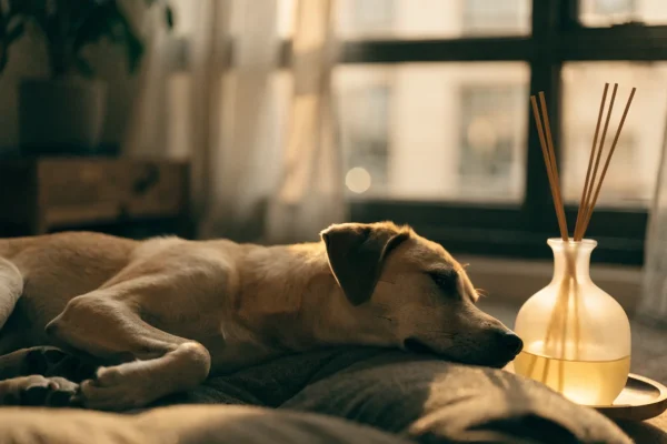 Calm dog resting on soft bed in cozy living room with warm lighting