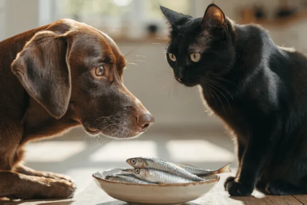 A senior dog and a cat eagerly eyeing a bowl of fresh sardines, a natural Omega-3 superfood.