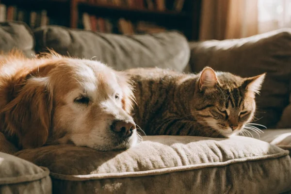 Elderly golden retriever and brown tabby cat resting together on a sofa, representing the shared impact of cancer on older dogs and cats
