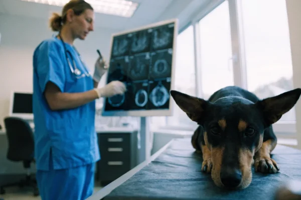 Veterinary oncologist reviewing imaging results before discussing cancer treatment options for a dog