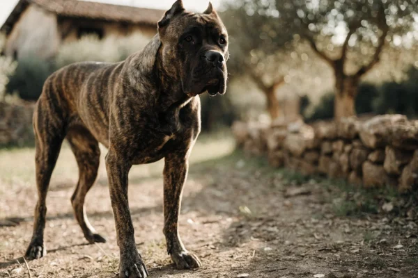 Muscular brindle Cane Corso standing alert in a rustic farmyard beside a stone wall