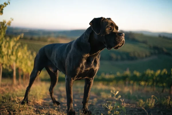 Black Cane Corso standing alert in an Italian vineyard at golden hour with Tuscan hills in the background