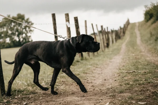 Black Cane Corso walking along a property fence line