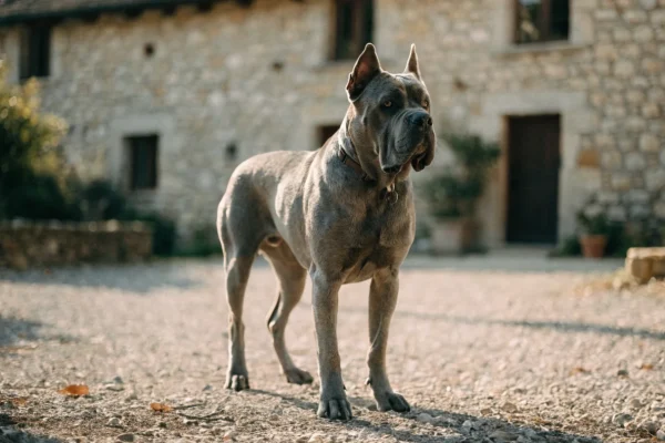Gray Cane Corso standing in front of a stone farmhouse outdoors