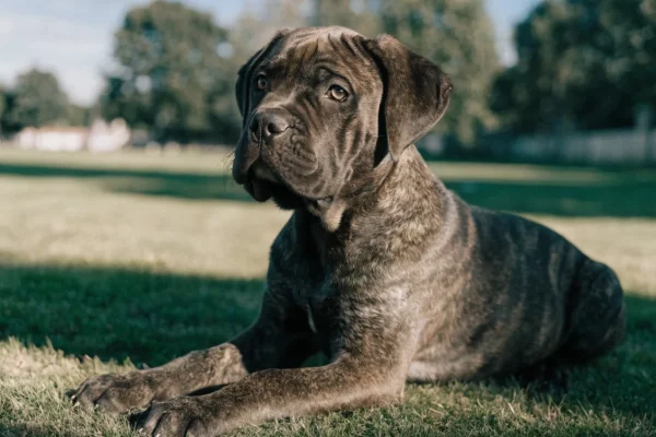 Cane Corso puppy sitting alert on a grassy lawn