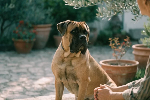 Fawn Cane Corso with black mask sitting alertly beside owner in a Mediterranean garden in afternoon light