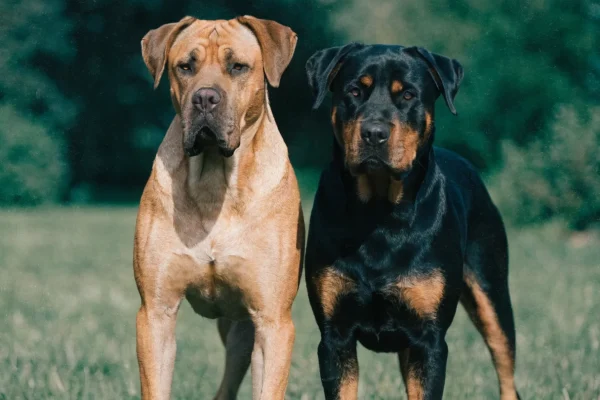 Cane Corso and Rottweiler standing side by side showing their build differences
