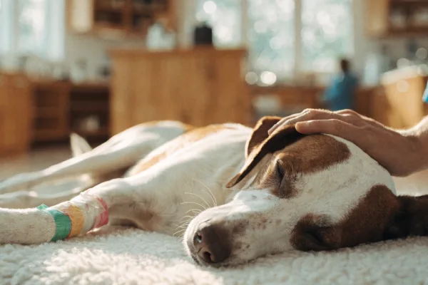 A calm, brave dog resting comfortably in a modern veterinary clinic after making a life-saving blood donation.