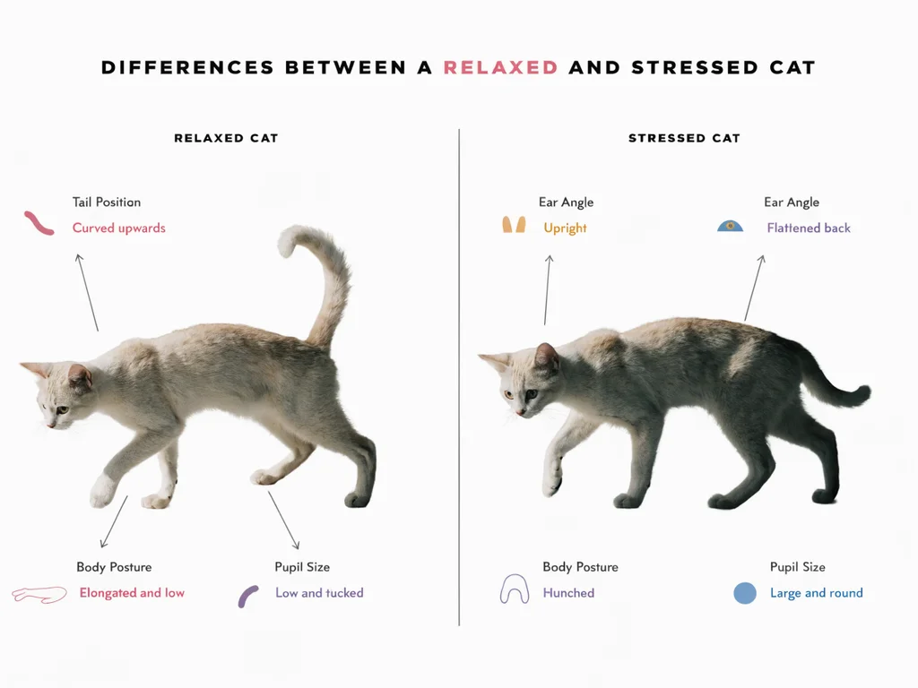 Infographic comparing relaxed cat body posture versus stressed cat body posture