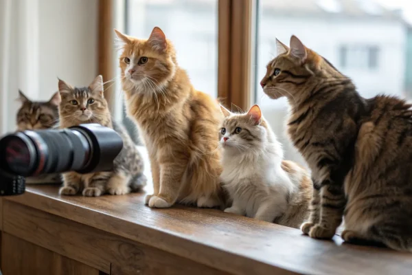 Several cat breeds of different types and sizes sitting together illustrating breed diversity