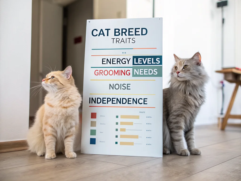 Infographic comparing cat breed traits across energy, grooming, noise, and independence