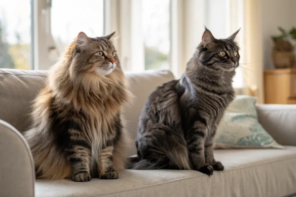 Two cats of different breeds sitting side by side for comparison