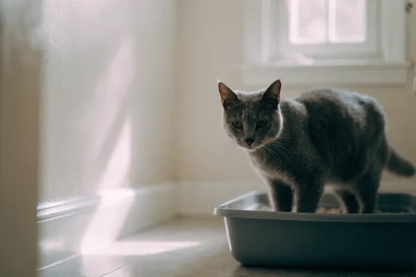 Gray cat using a litter box in a clean, well-lit bathroom