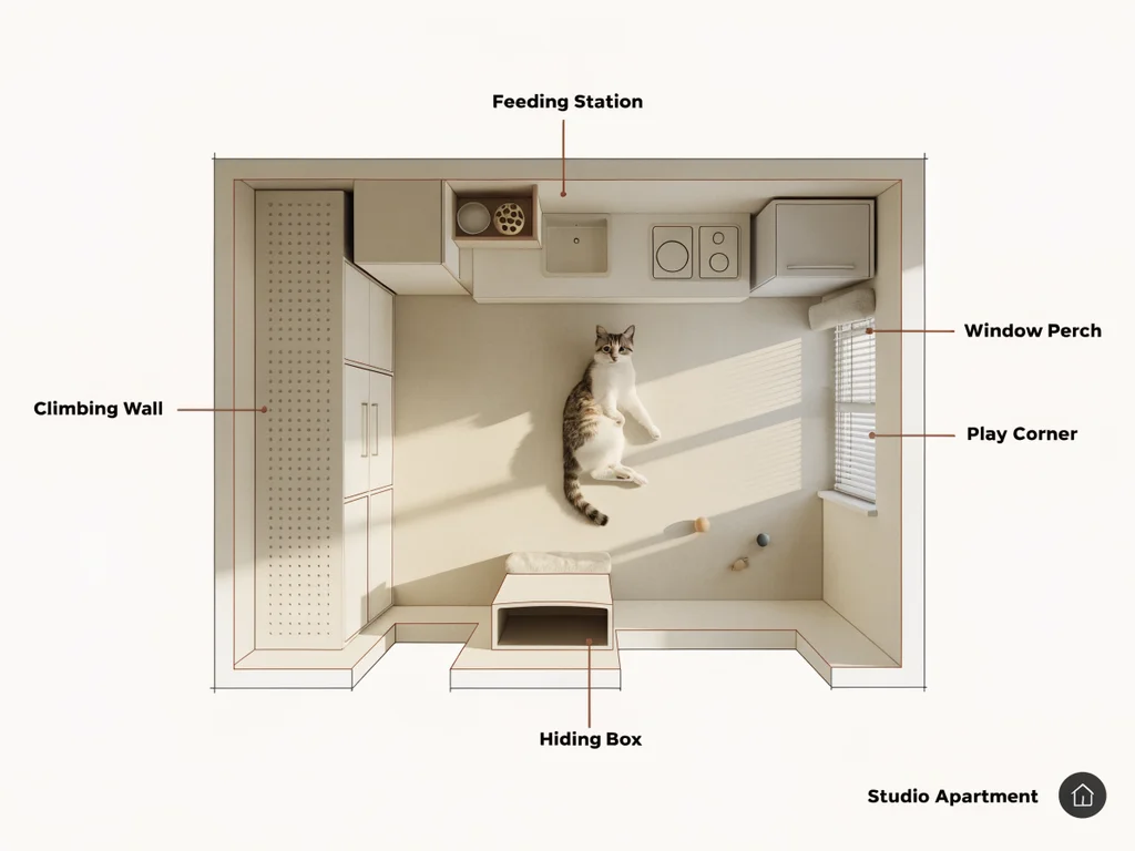Diagram of a cat-enriched apartment layout with labeled zones for climbing, feeding, perching, hiding, and play