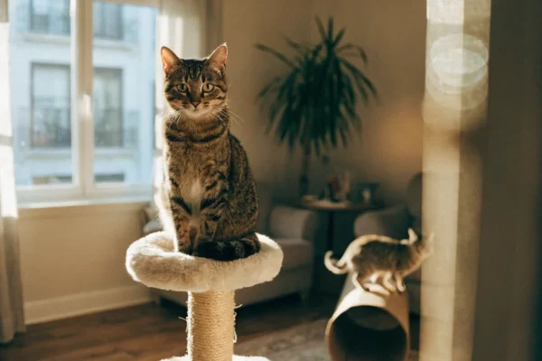 Tabby cat on a tall cat tree by a sunny window with another cat exploring a tunnel in the background