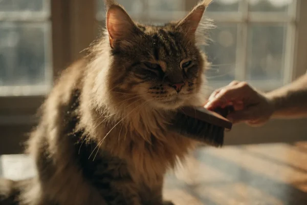 Maine Coon cat being gently brushed with a soft bristle brush, eyes half-closed in contentment in warm afternoon light