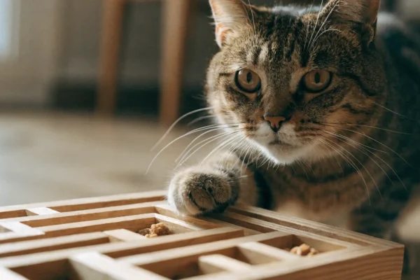 Tabby cat working at a wooden maze puzzle feeder on a wood floor