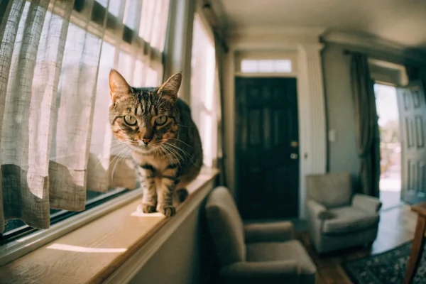 Tabby cat sitting at window watching the door, showing anxious posture when left alone