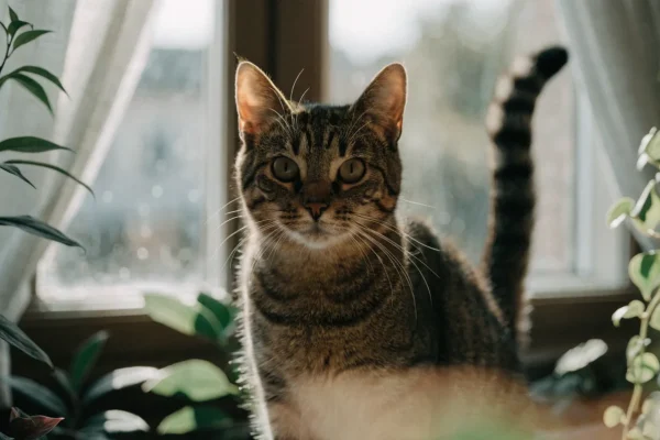 Tabby cat on windowsill with tail raised upright in a friendly greeting position