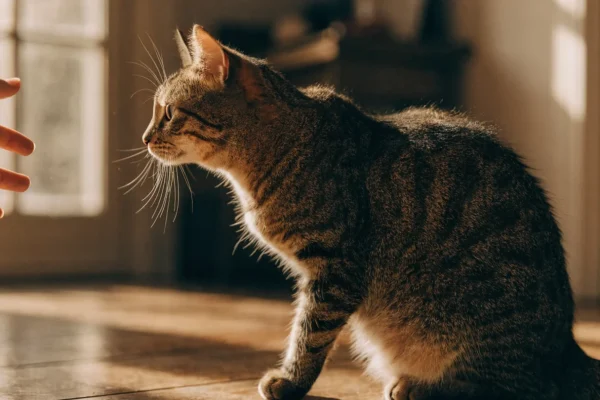 Tabby cat sitting on a wooden floor with paw raised, appearing to learn a trick
