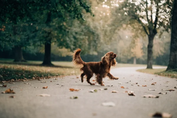 Cavalier King Charles Spaniel with ruby coloring trotting along a park path with fallen autumn leaves in soft morning light