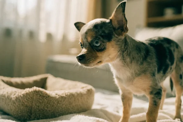 Merle-patterned Chihuahua puppy with mottled coat resting on a blanket indoors