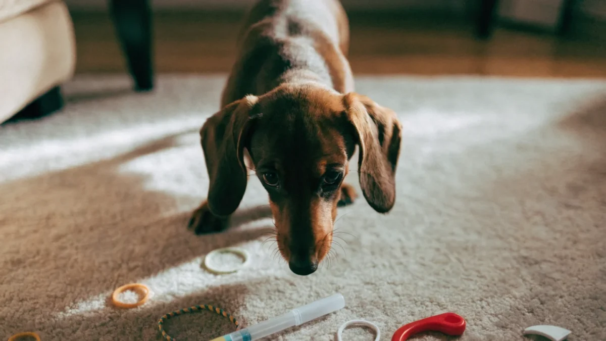 Dachshund puppy investigating small household objects scattered on a living room floor