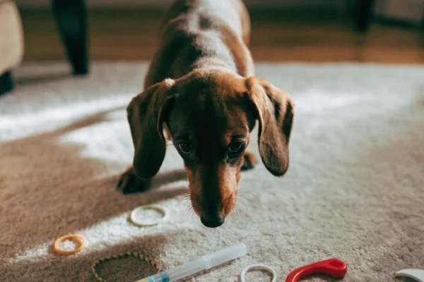 Dachshund puppy investigating small household objects scattered on a living room floor