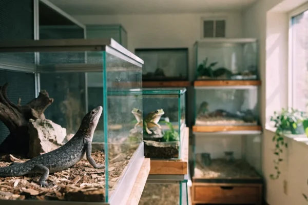 Home exotic pet room with multiple terrariums housing a blue-tongued skink and tree frog, naturally lit