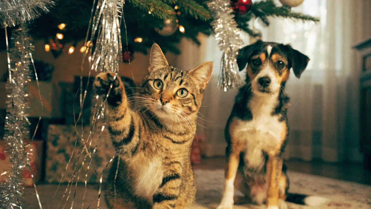Cat batting at Christmas tree tinsel while a dog watches nearby, illustrating holiday decoration dangers for pets