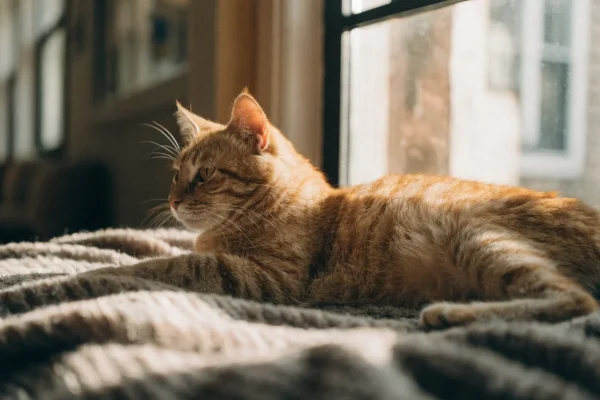 Senior orange tabby cat resting peacefully near a sunny window
