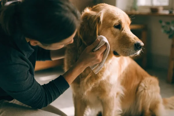 Person gently cleaning discharge from around a dog's eye