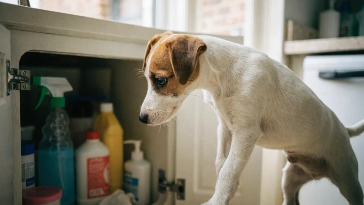 Jack Russell terrier puppy looking into a kitchen cabinet containing cleaning supplies