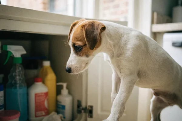 Jack Russell terrier puppy looking into a kitchen cabinet containing cleaning supplies